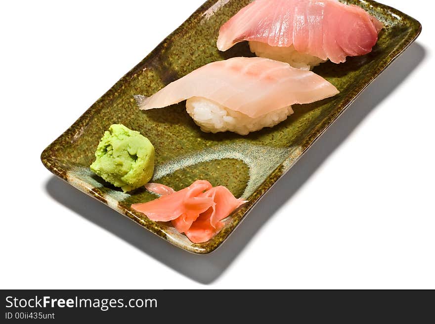 The plate of nigiri sushi on white background