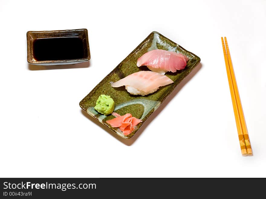 The plate of nigiri sushi on white background