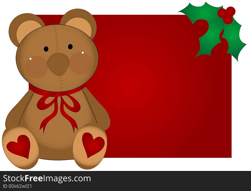 Christmas teddy bear with hearts and holly leaves over red background.