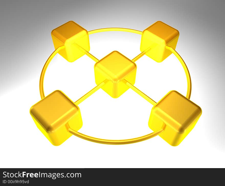 3d rendering of network node with 5 elements. 3d rendering of network node with 5 elements