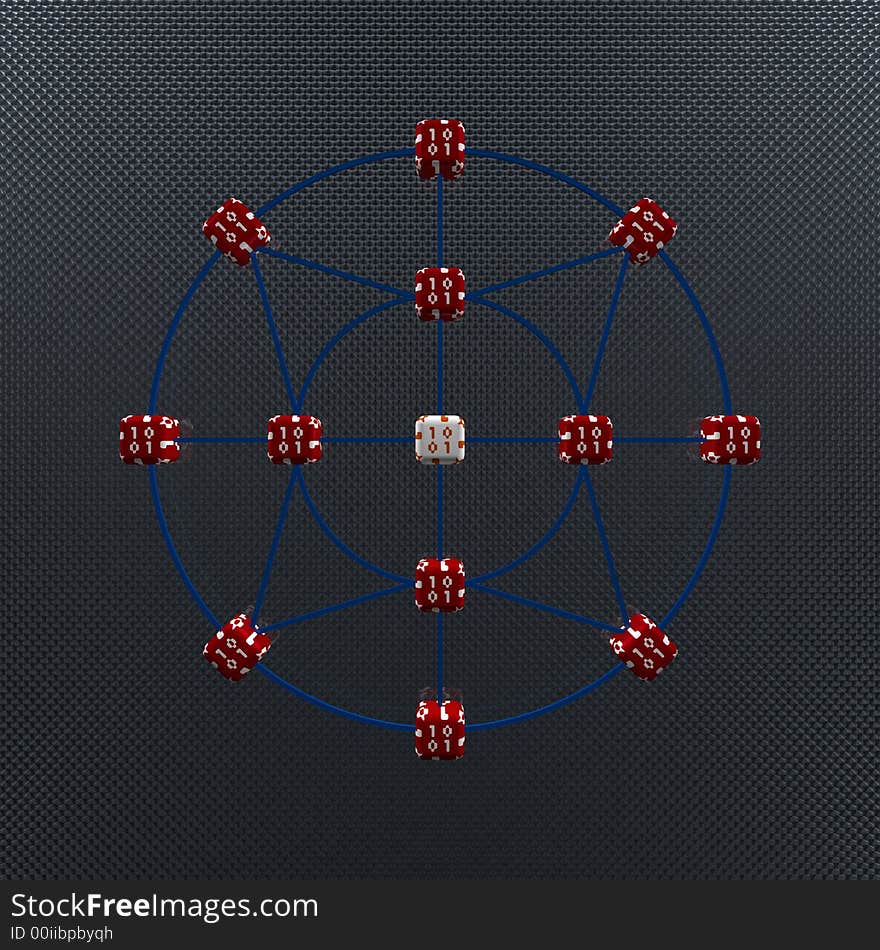 3d Rendering of Network Consisting of Linked Cubes With Ones and Zeros Texture