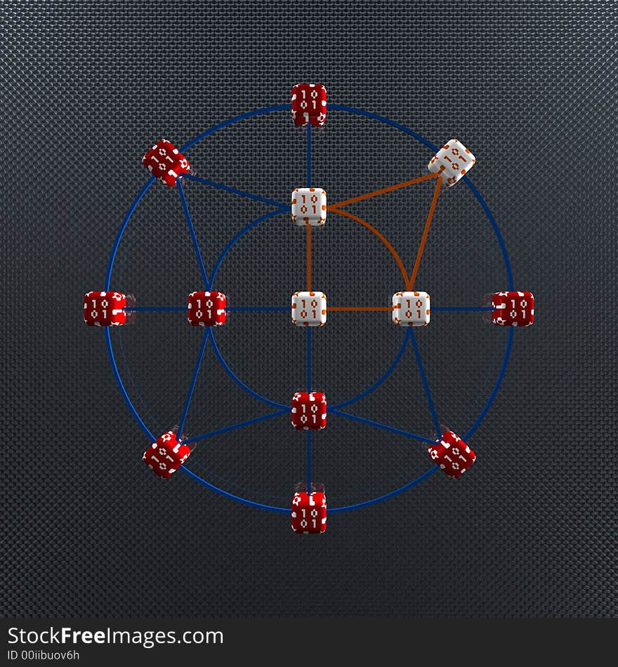 3d Rendering of Network Consisting of Linked Cubes With Ones and Zeros Texture