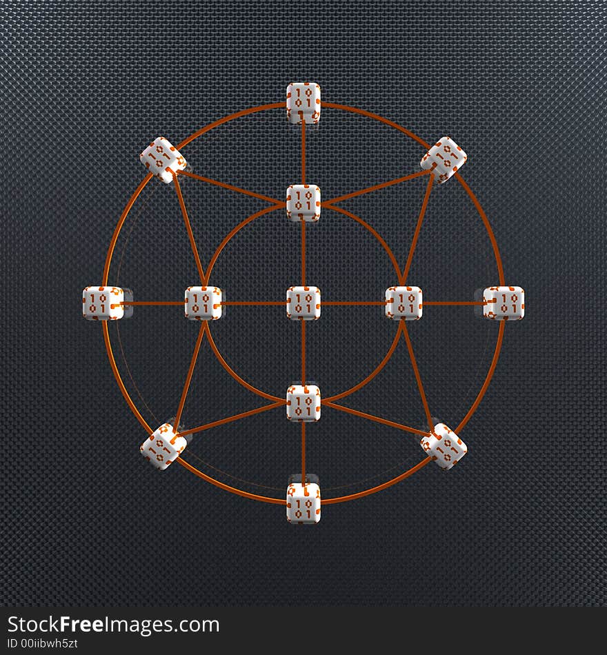 3d Rendering of Network Consisting of Linked Cubes With Ones and Zeros Texture