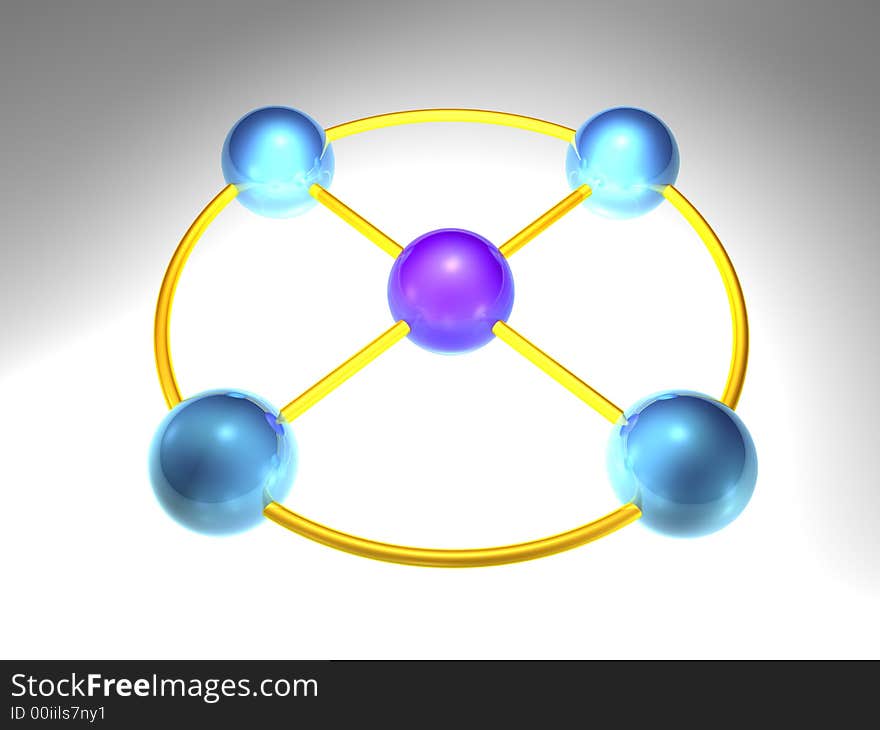 3d rendering of network node with 5 elements. 3d rendering of network node with 5 elements