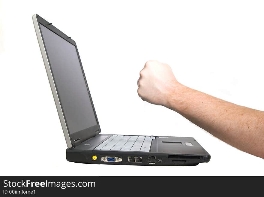 Laptop notebook isolated on white with angry fist