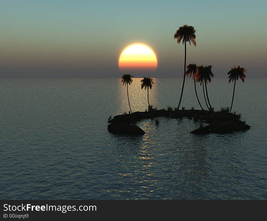 Sunset coconut palm trees on small island - 3d illustration.