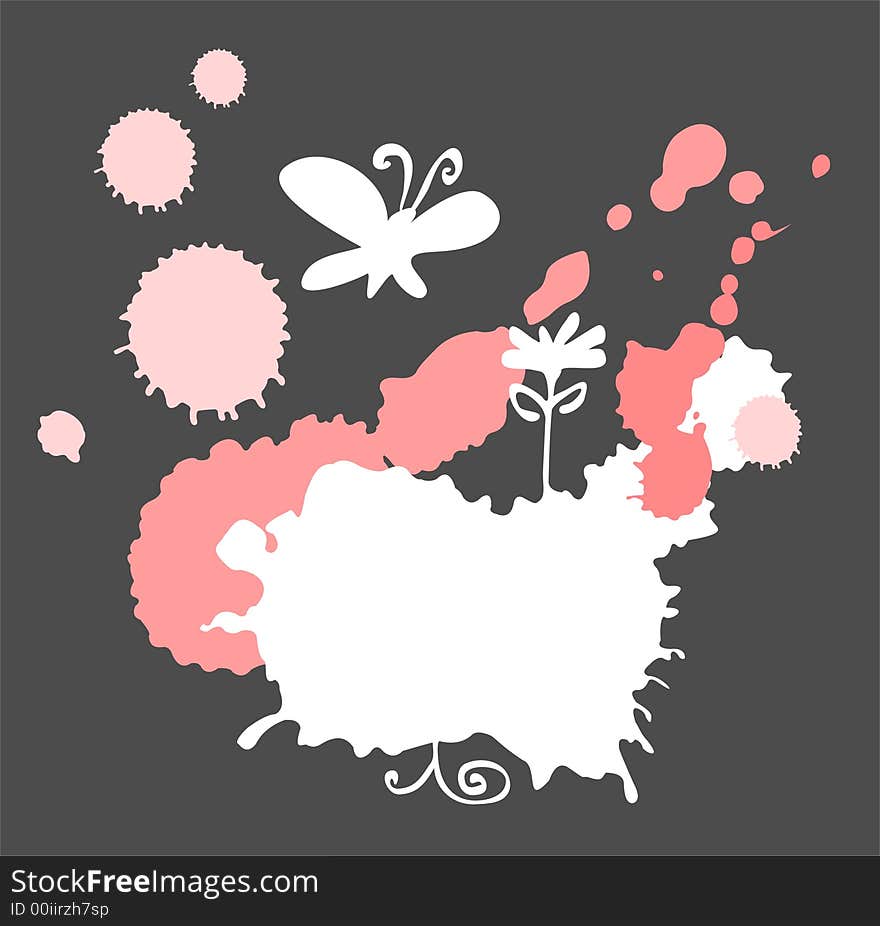 White and pink blots, flower and the butterfly on a black background. White and pink blots, flower and the butterfly on a black background.