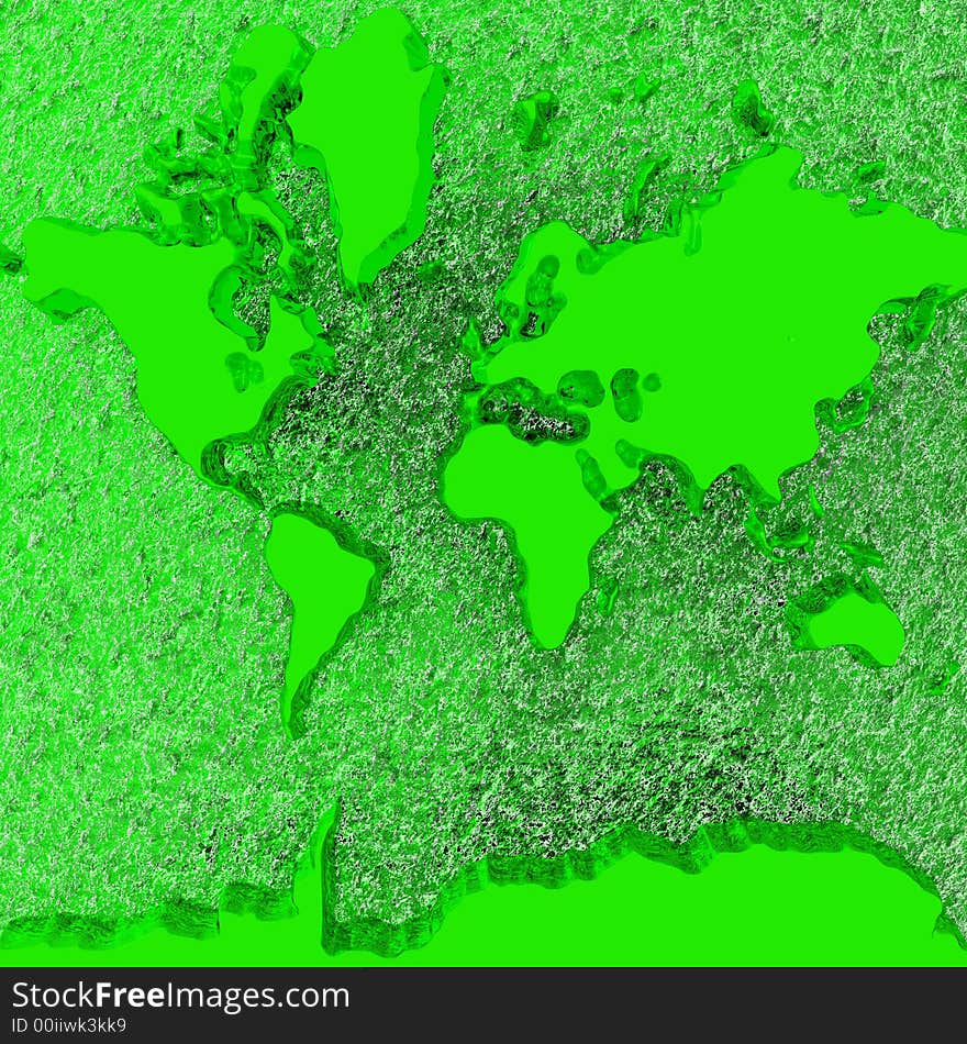 A Three-dimensional atlas of the earth with the land rising from a liquid background. A Three-dimensional atlas of the earth with the land rising from a liquid background.