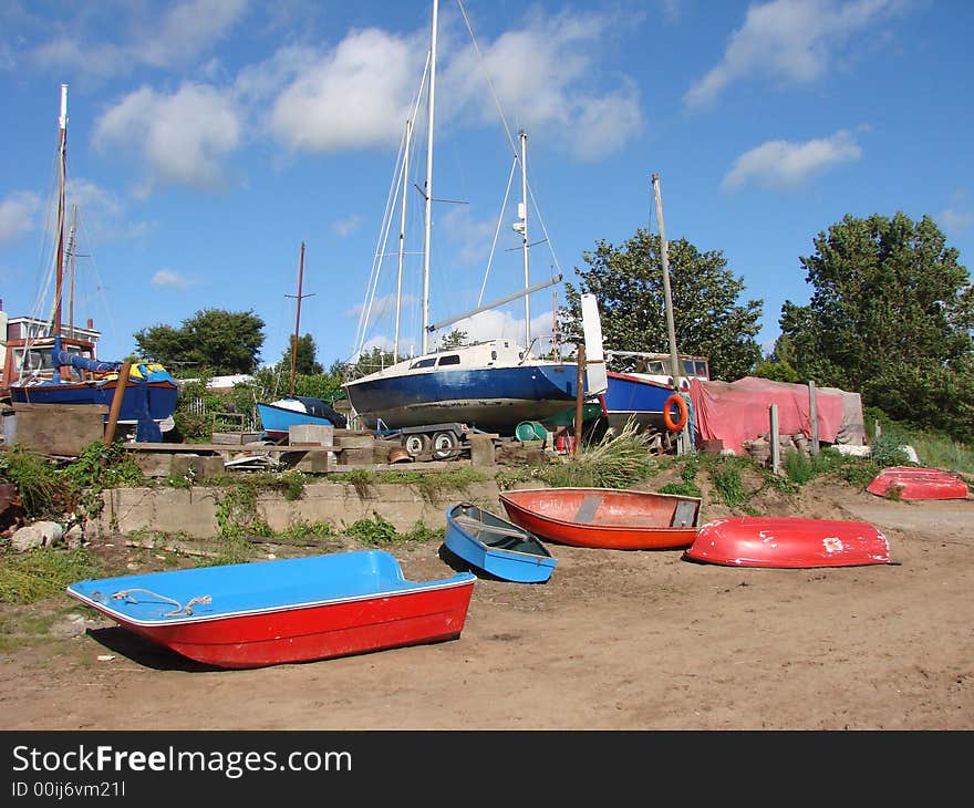 A boat yard were boats and yaghts are stored to be repaired