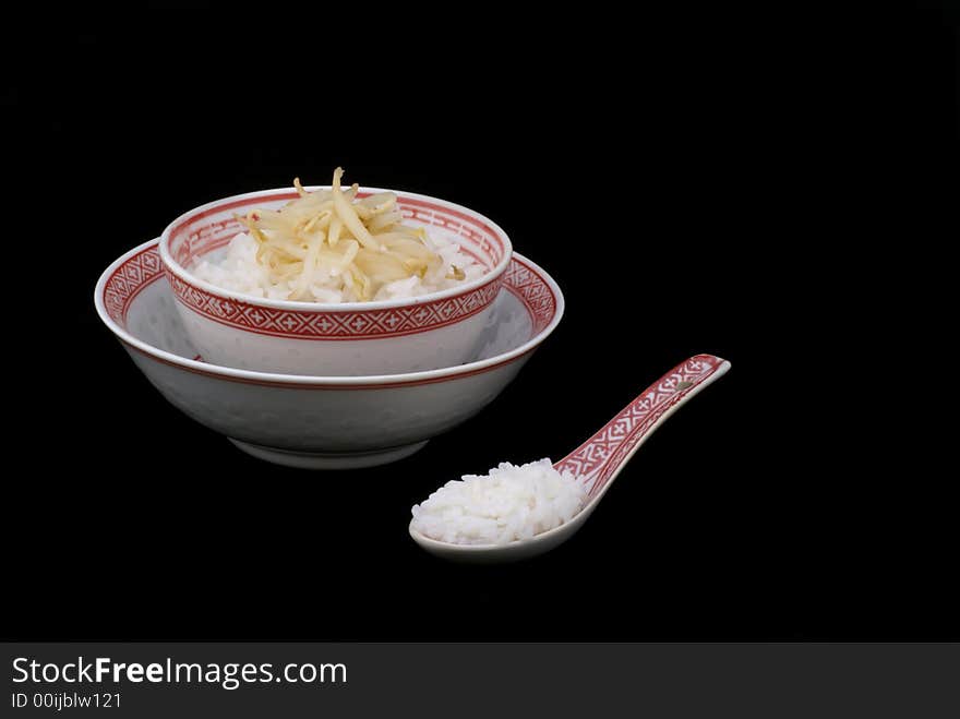 Chinese dinner-set with rice and bean sprouts. Chinese dinner-set with rice and bean sprouts.