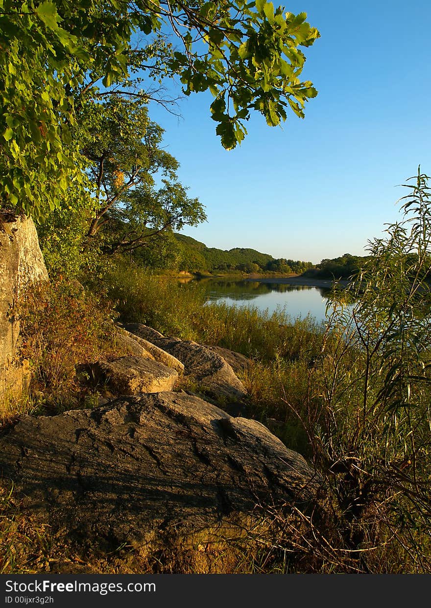 The coast of river with autumn fall trees. The coast of river with autumn fall trees