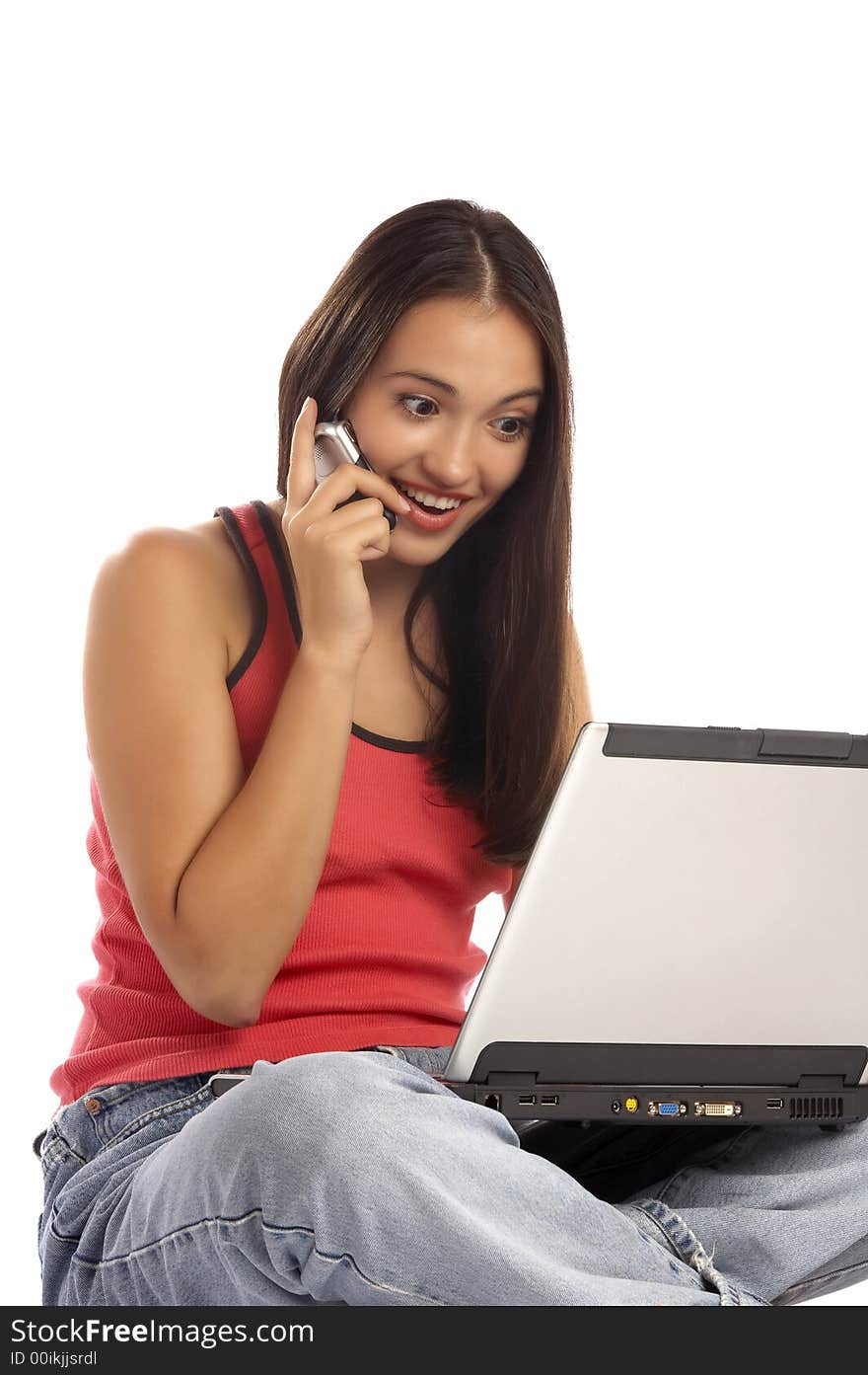 Portrait of young cute brunette calling by mobile phone. Portrait of young cute brunette calling by mobile phone