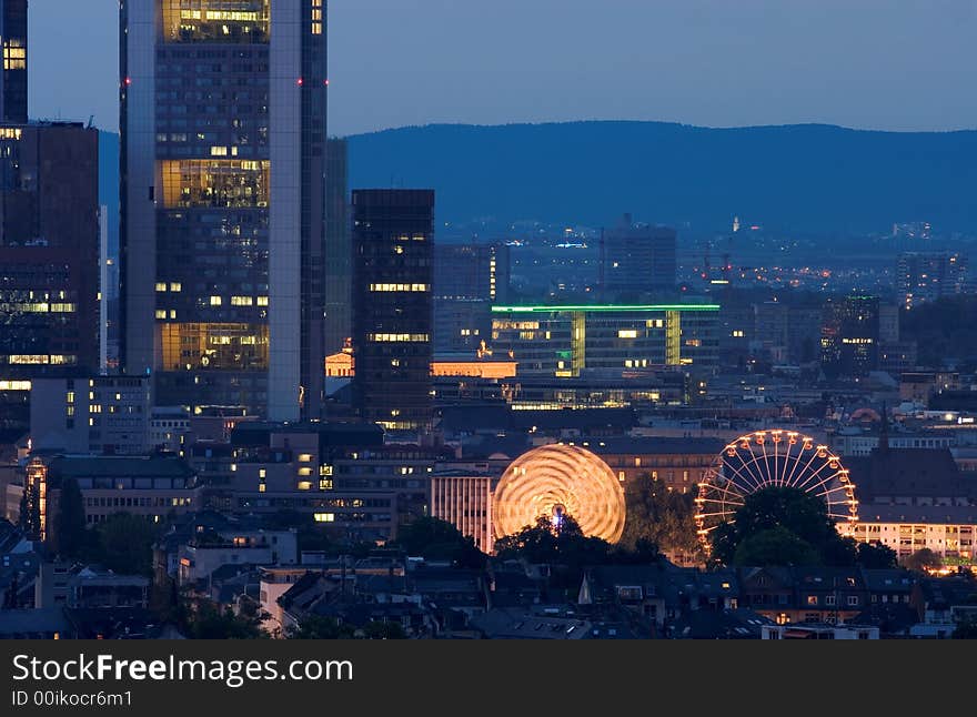 Frankfurt City at Dusk, with Fairground. Frankfurt City at Dusk, with Fairground