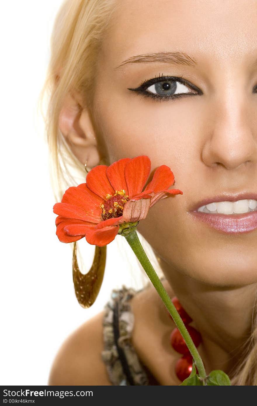 Beautiful blond girl with flower isolated on white background. Beautiful blond girl with flower isolated on white background