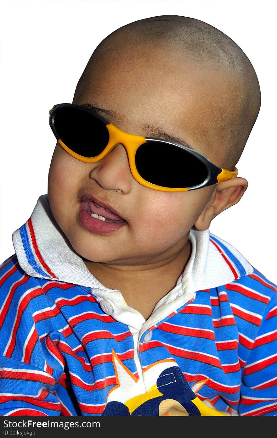 A stylish bald Indian kid happy with his sun glasses