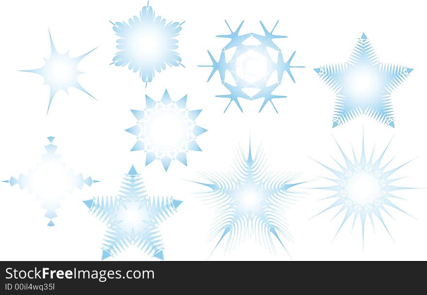 Vector rendering of stylized diverse snowflakes for layouts requiring winter scenery