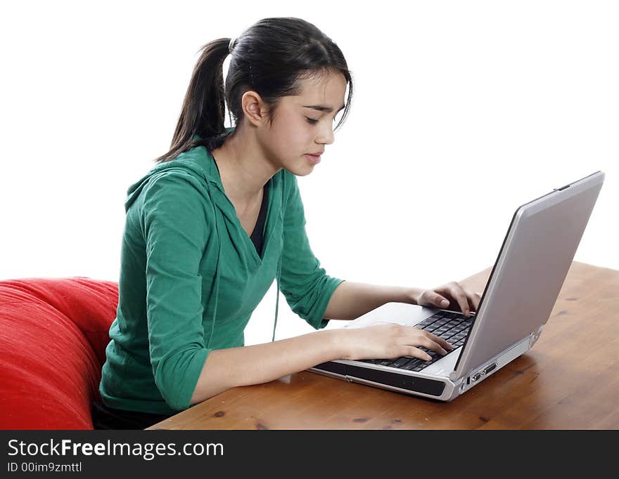 Young women working on a laptop and smiling. Young women working on a laptop and smiling