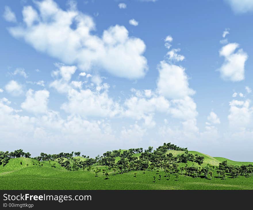 Green hills and beautiful sky with clouds - 3d scene