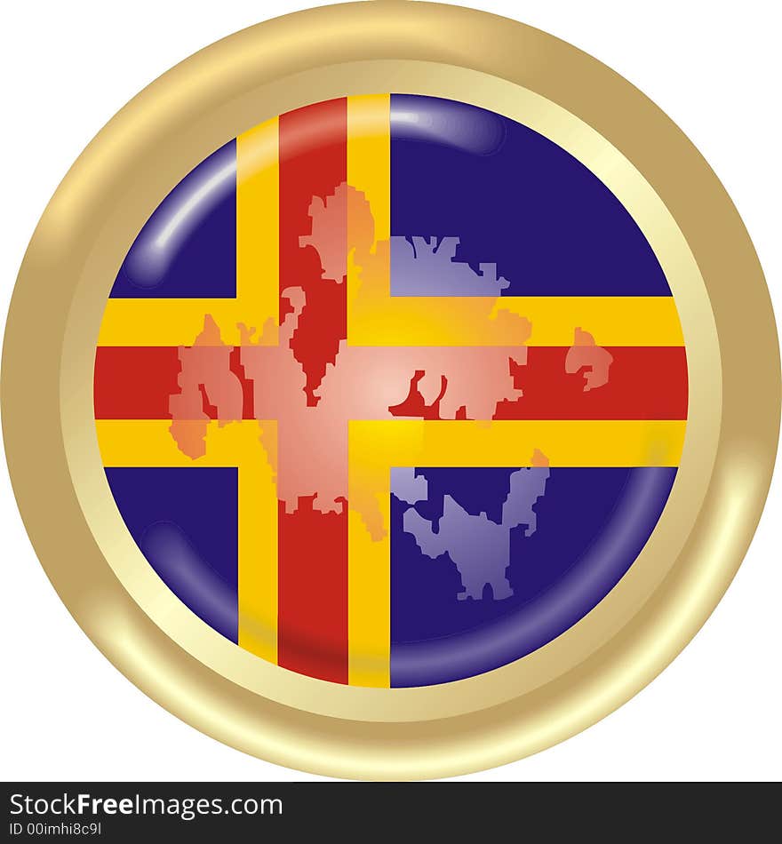 Art illustration: round gold medal with map and flag of Aland islands