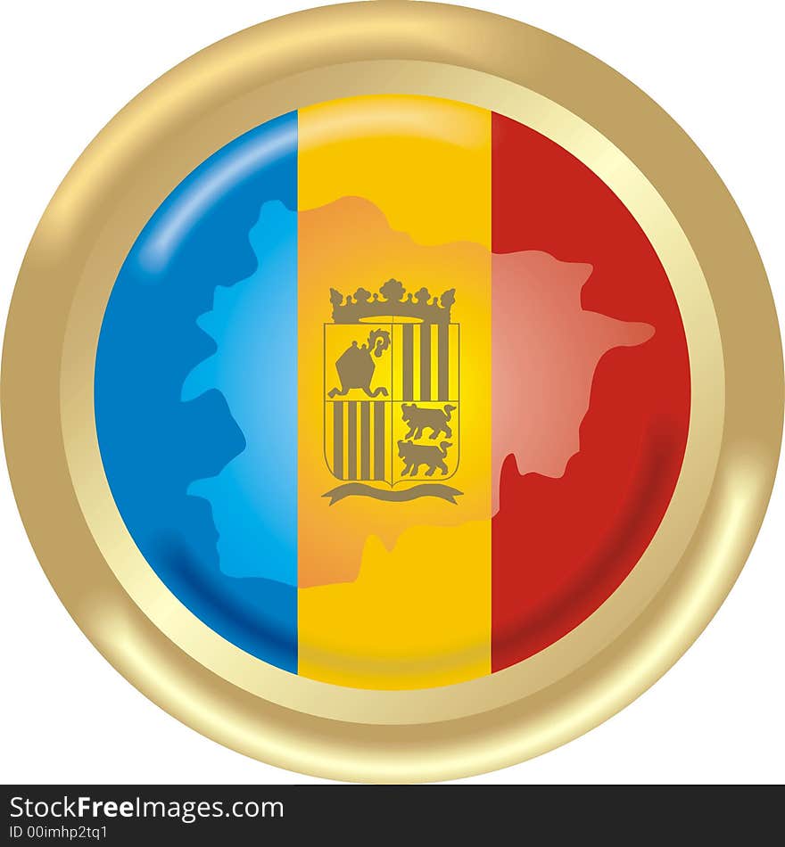 Art illustration: round gold medal with map and flag of andorra