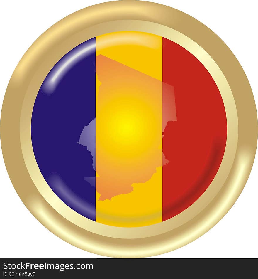 Art illustration: round gold medal with map and flag of Chad