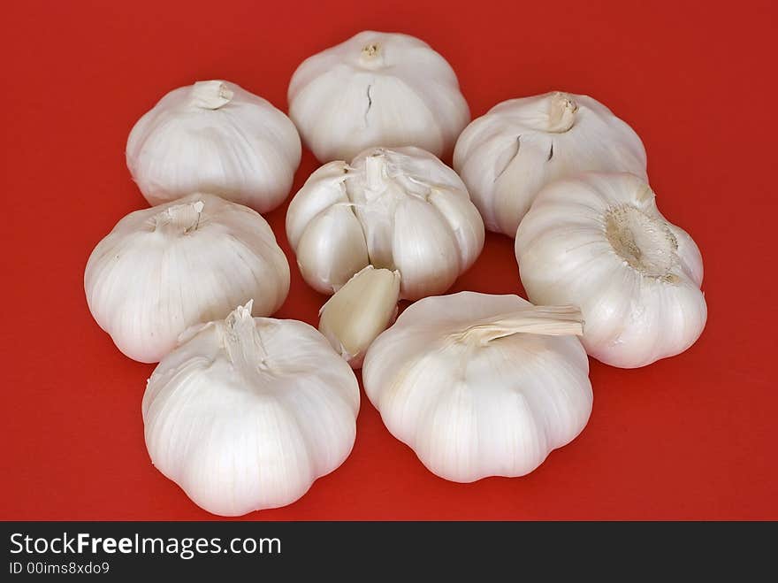 Close up  garlic in red background