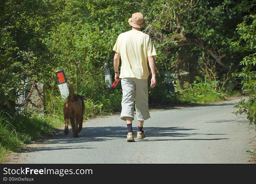 Male walking Dog along a leafy lane in bright sunshine. Male walking Dog along a leafy lane in bright sunshine