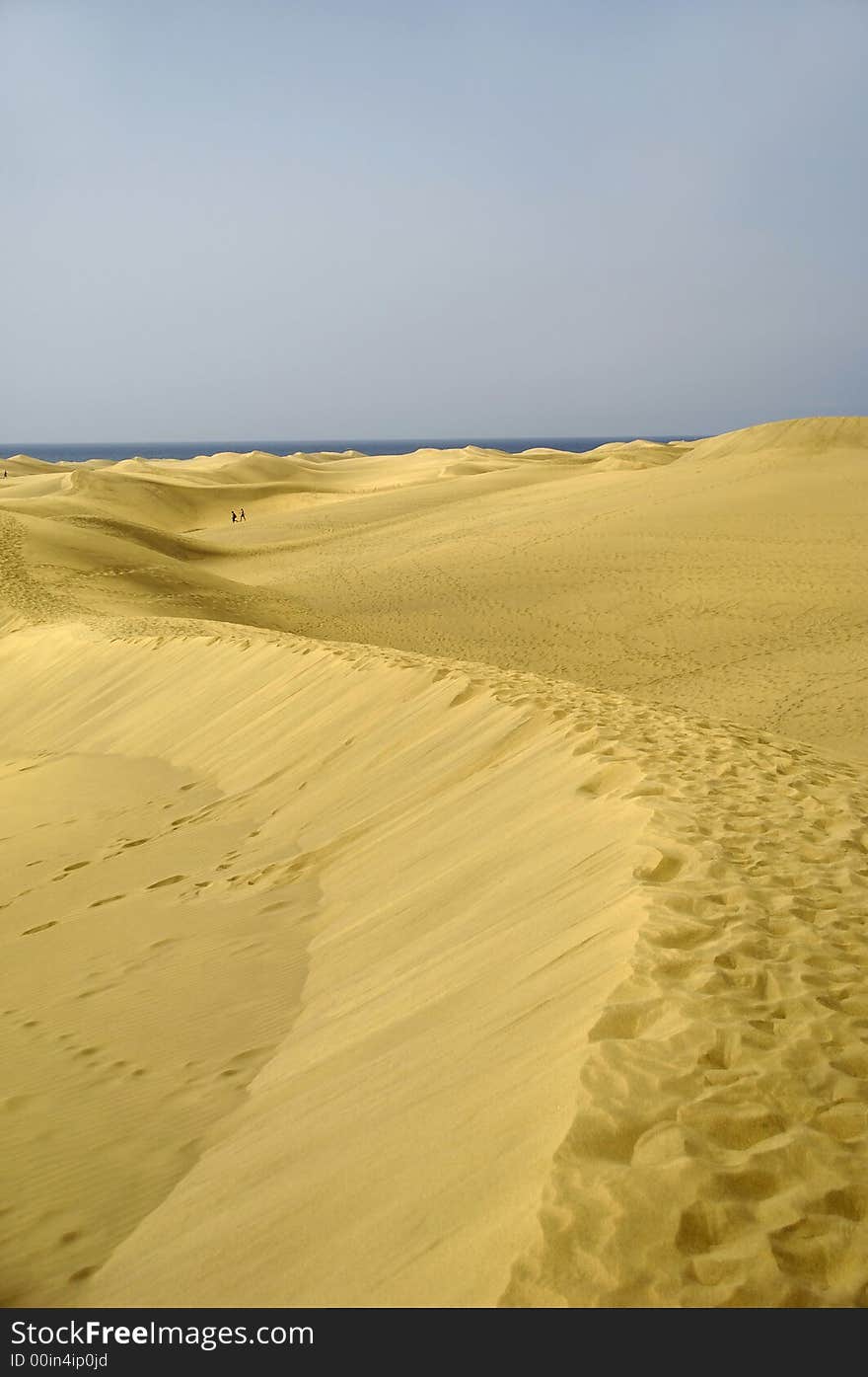 Landscape with sand dunes and people and ocean in the background.