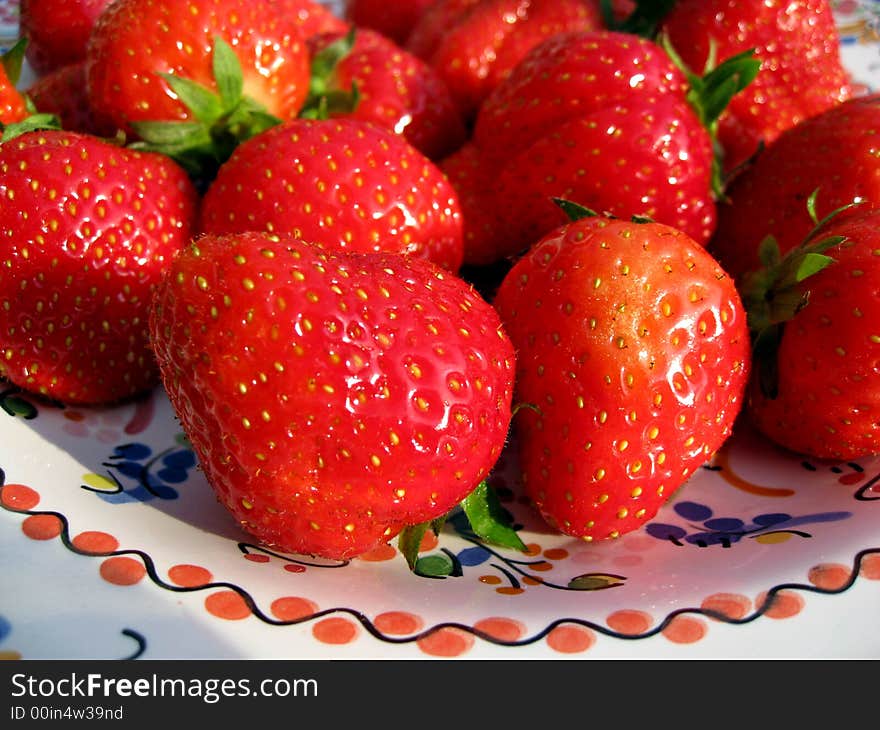 Plate of excellent strawberry's shot on a sunny day. Plate of excellent strawberry's shot on a sunny day