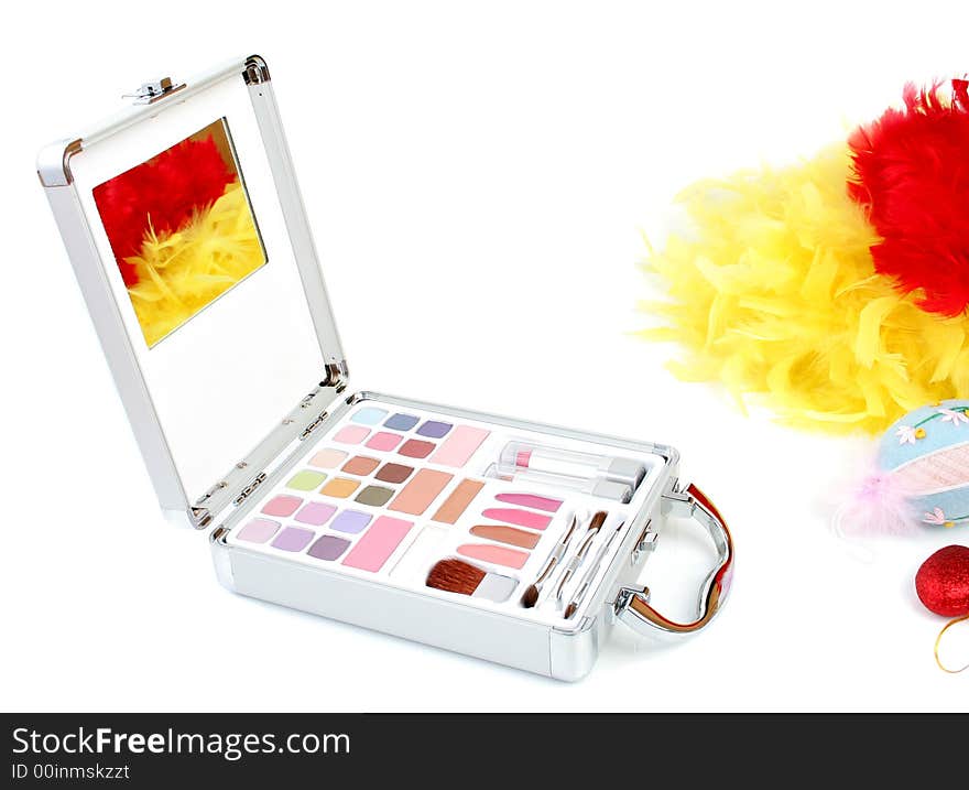 Makeup briefcase and feathers