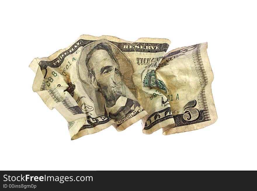 Crumpled five dollars bill