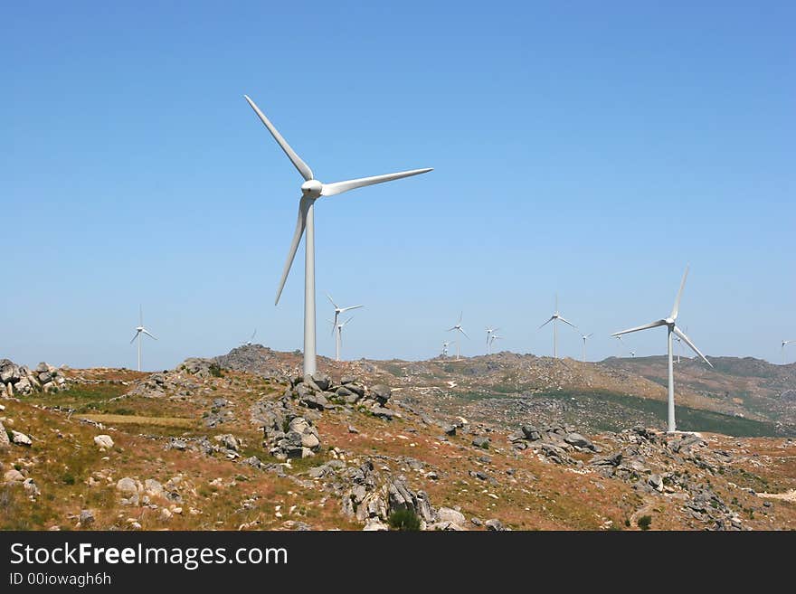 Wind power generators farm against blue sky