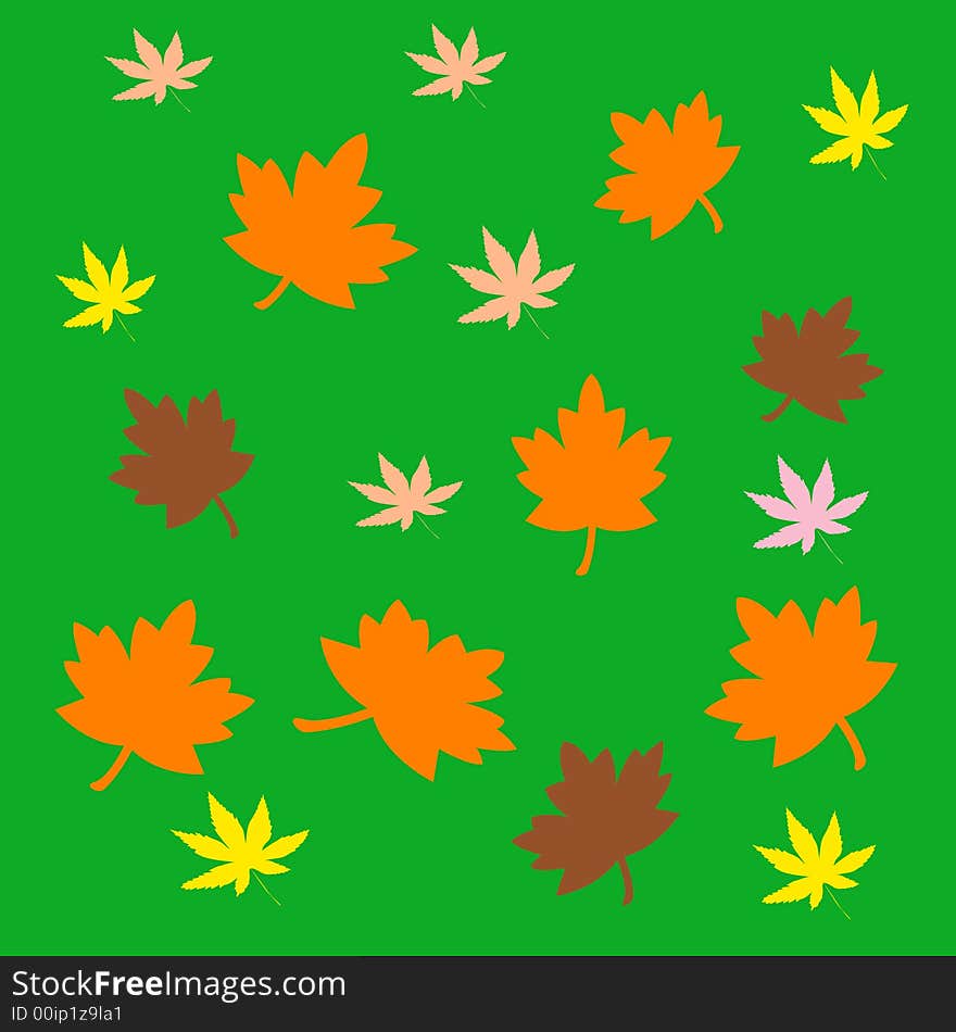 colorful autumn leaves scattered  on  green background. colorful autumn leaves scattered  on  green background