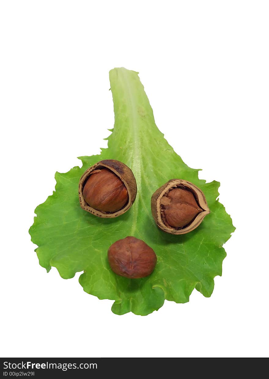 Leaf of salad and hazelnuts on a white background. Leaf of salad and hazelnuts on a white background