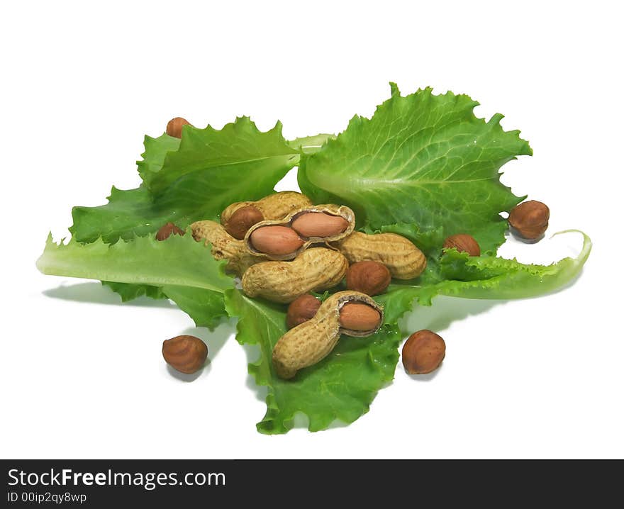 Leaves of a salad, peanuts and hazelnuts isolated. Leaves of a salad, peanuts and hazelnuts isolated