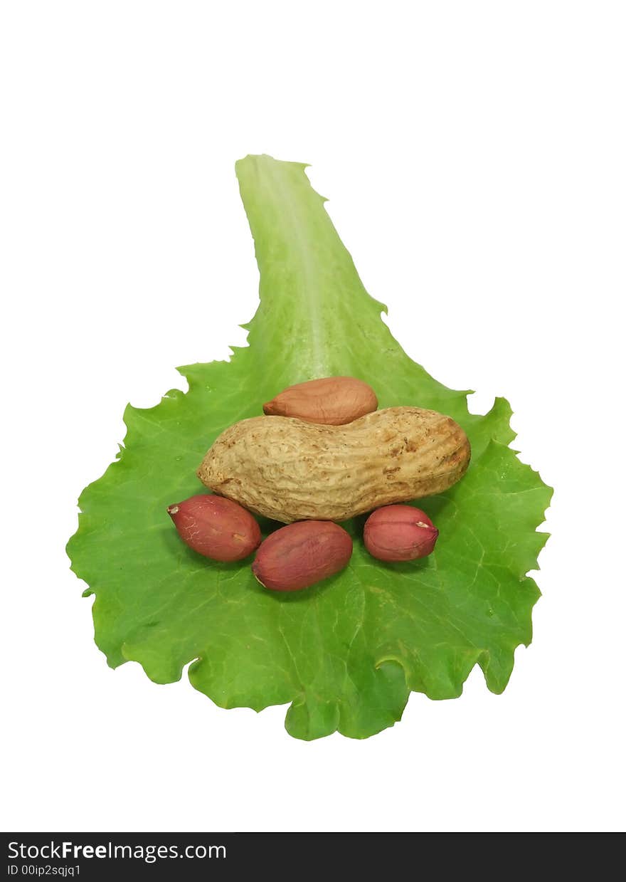 Leaf of salad and peanuts on a white background. Leaf of salad and peanuts on a white background