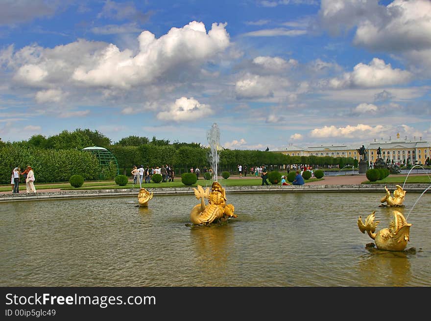 Landscape with old fountain, trees and clouds. Landscape with old fountain, trees and clouds