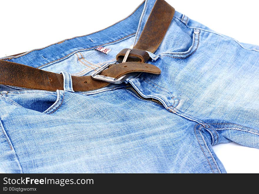 Part of female jeans with leather belt. Part of female jeans with leather belt.