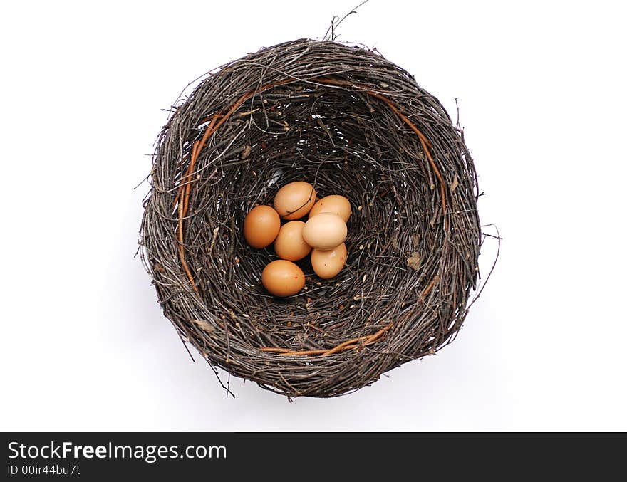 Seven eggs in birch wicker basket