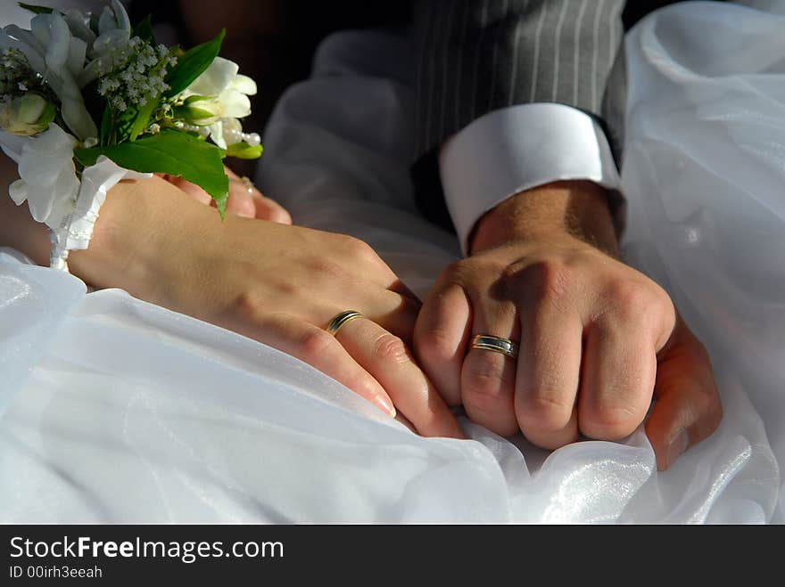 Bride and groom hands close up