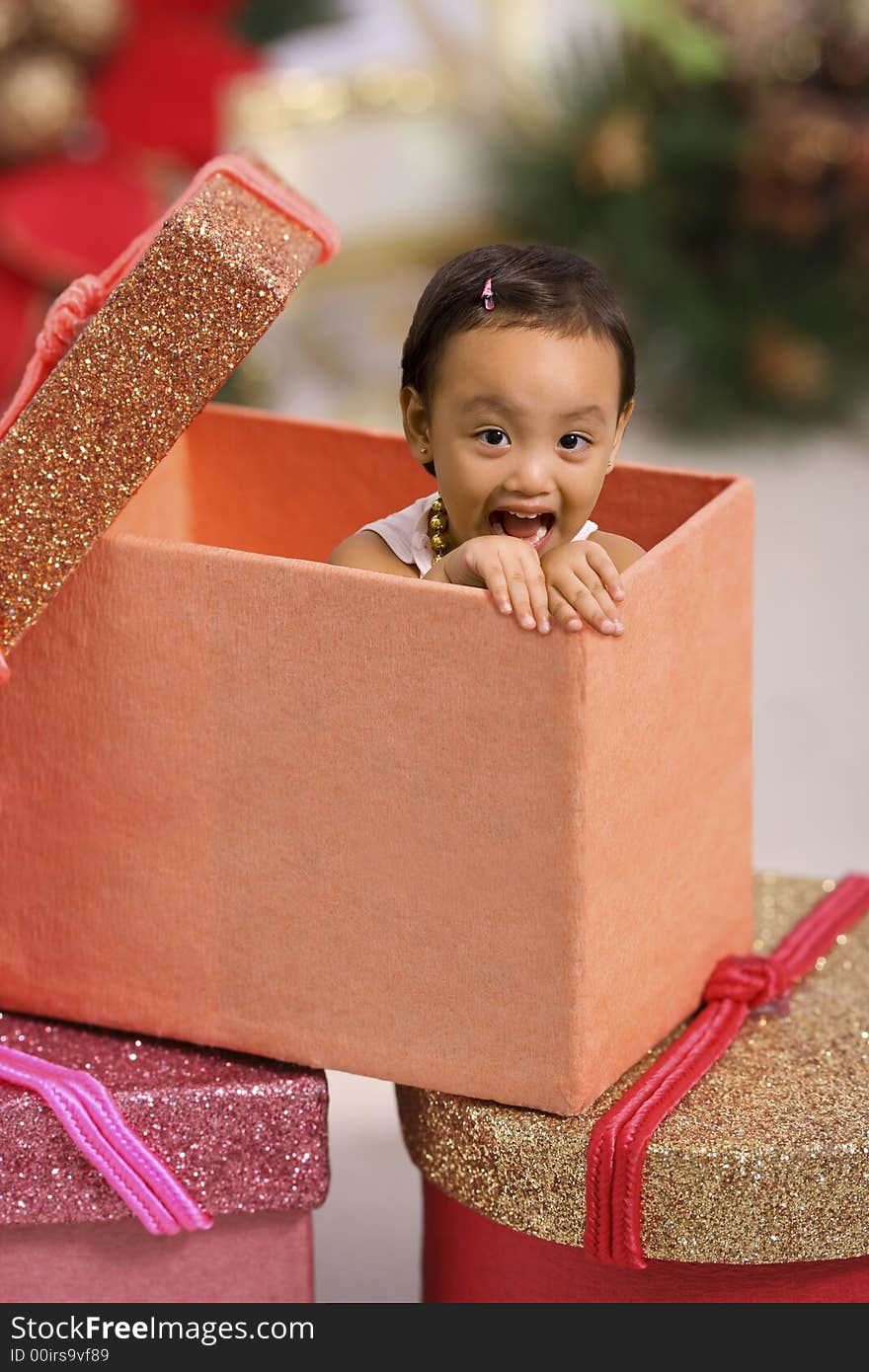 Toddler peeping from a box at christmas. Toddler peeping from a box at christmas