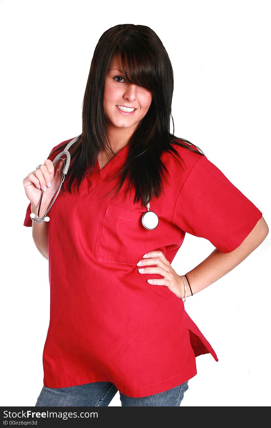 Sexy medical nurse with red scrubs. Sexy medical nurse with red scrubs