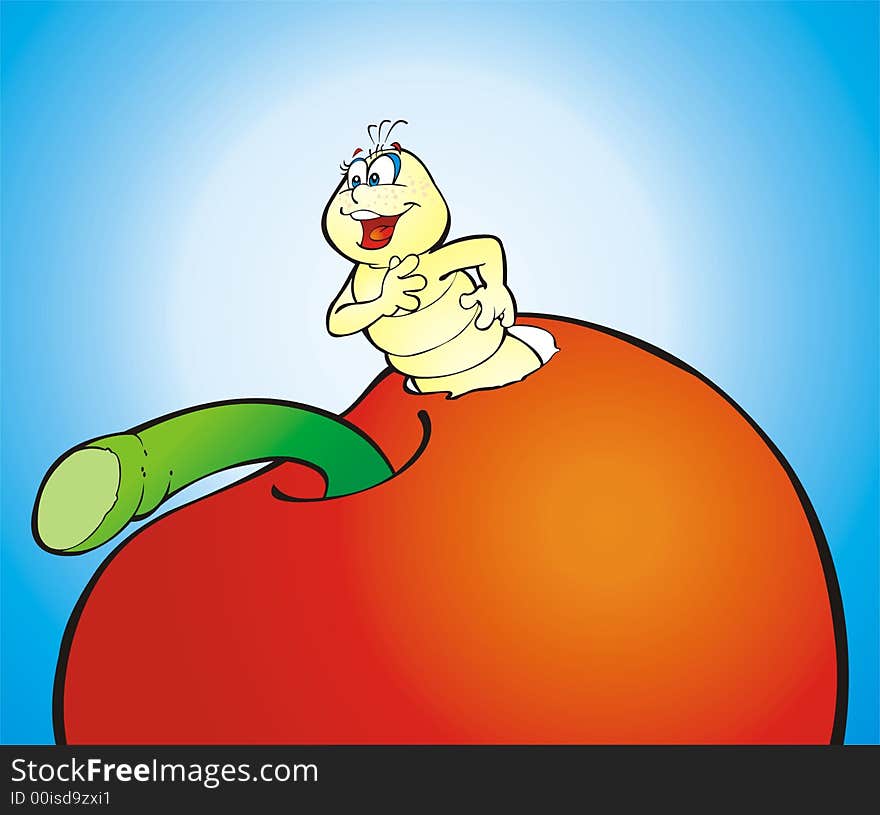 Illustration of worm in apple. Illustration of worm in apple