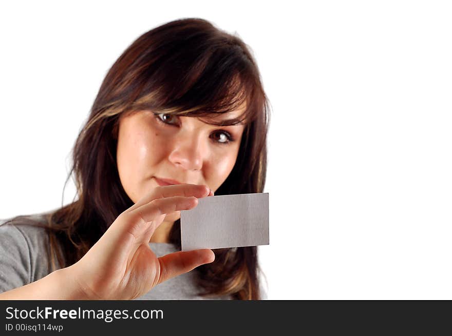 Woman holding business card