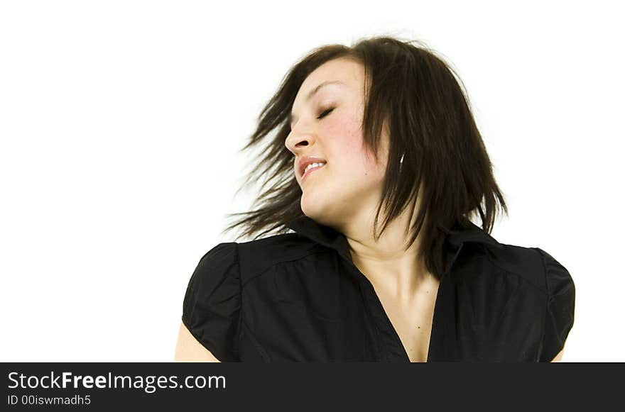 Beautiful young woman against a white background