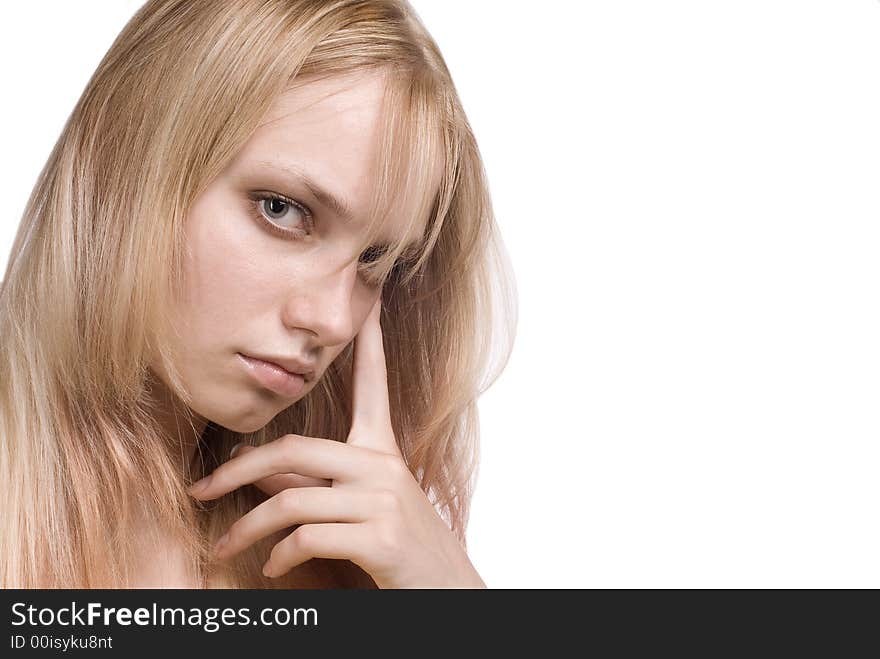 The person of thinking woman close up on a white background. The person of thinking woman close up on a white background