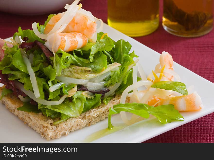 Bread toast with assorted lettuce leaf and boiled prawn. Bread toast with assorted lettuce leaf and boiled prawn