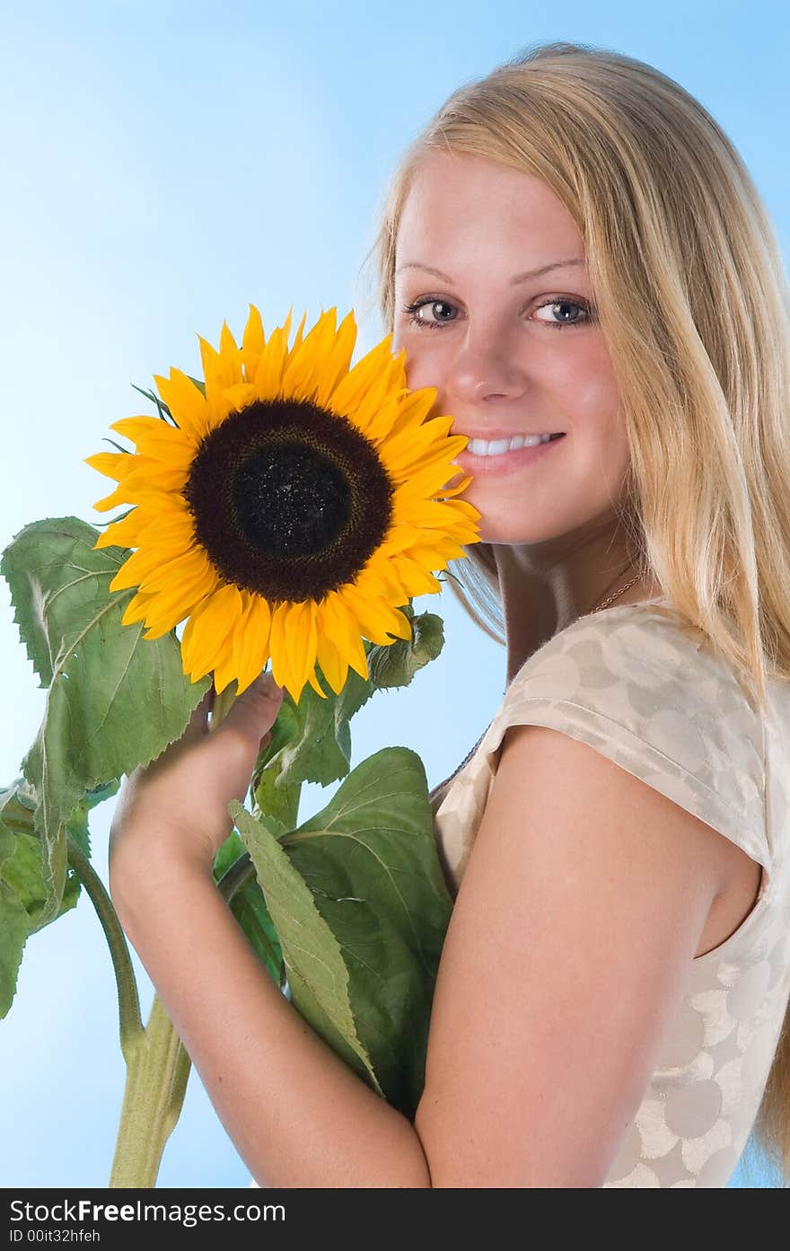 The attractive blonde in studio holds a sunflower in hands. The attractive blonde in studio holds a sunflower in hands