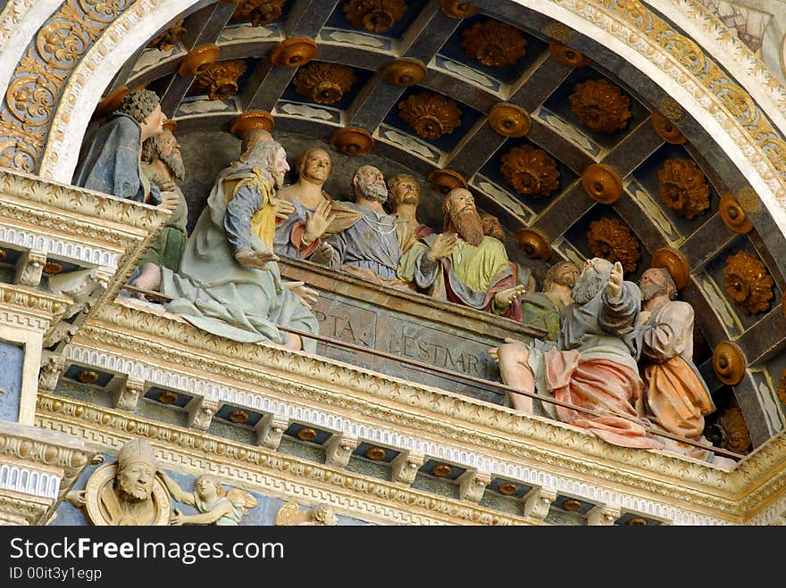 Religious architectural detail of a verry old church in Aosta, Italy.