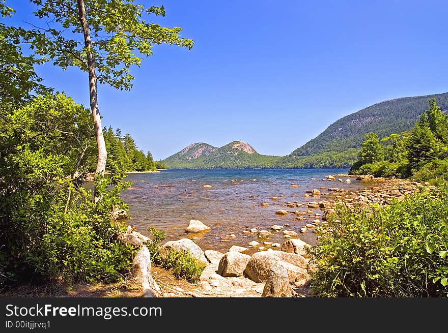 View across mountain lake